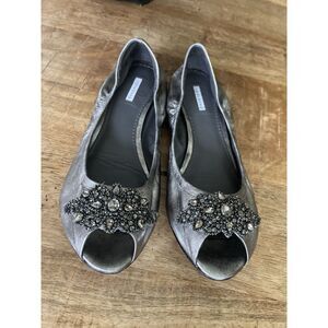 Vera Wang Embellished Silver Leather Peep Toe Ballet Flats 7.5 M Vero Cuoio